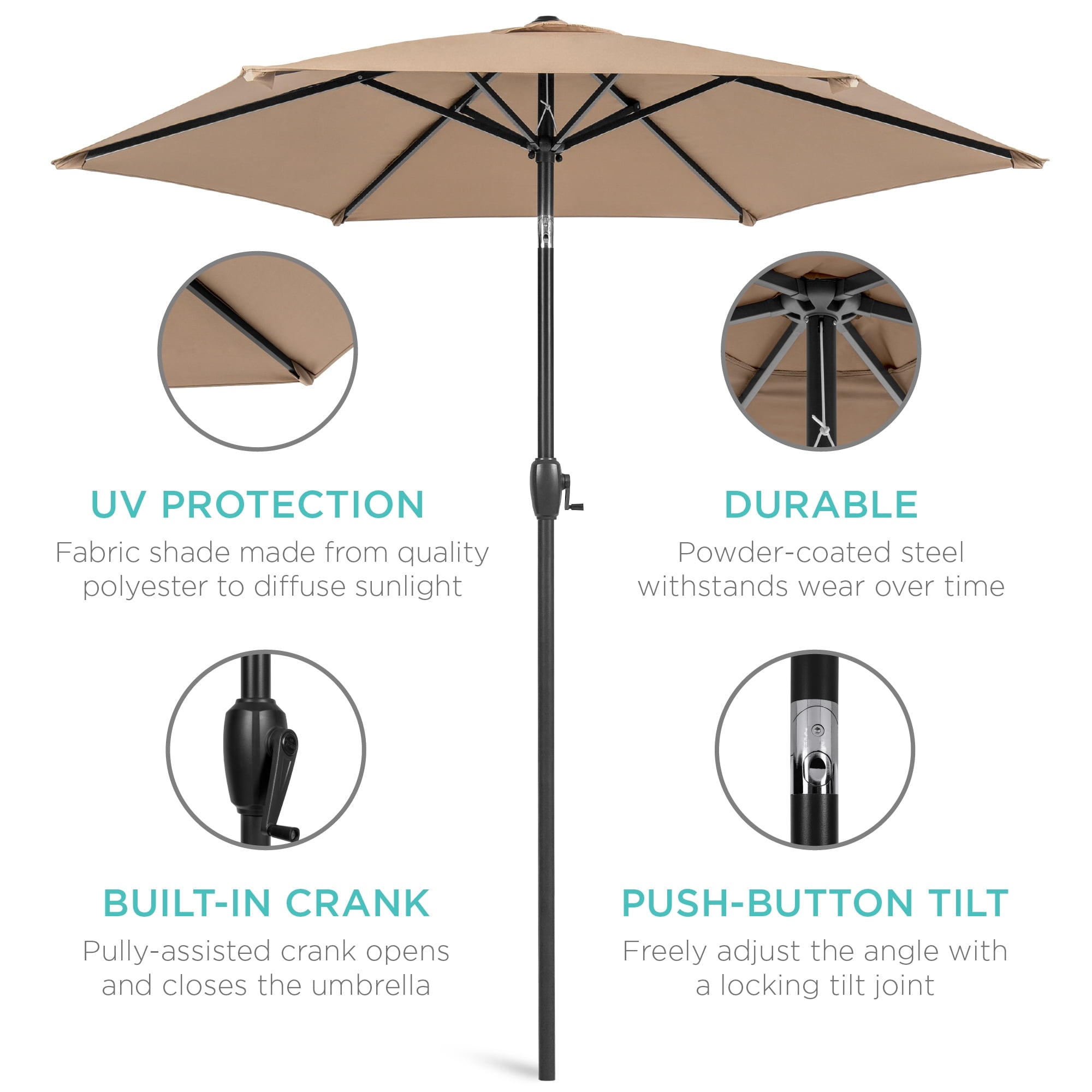 Best Choice Products 7.5ft Heavy-Duty Outdoor Market Patio Umbrella w/ Push Button Tilt, Easy Crank - Tan