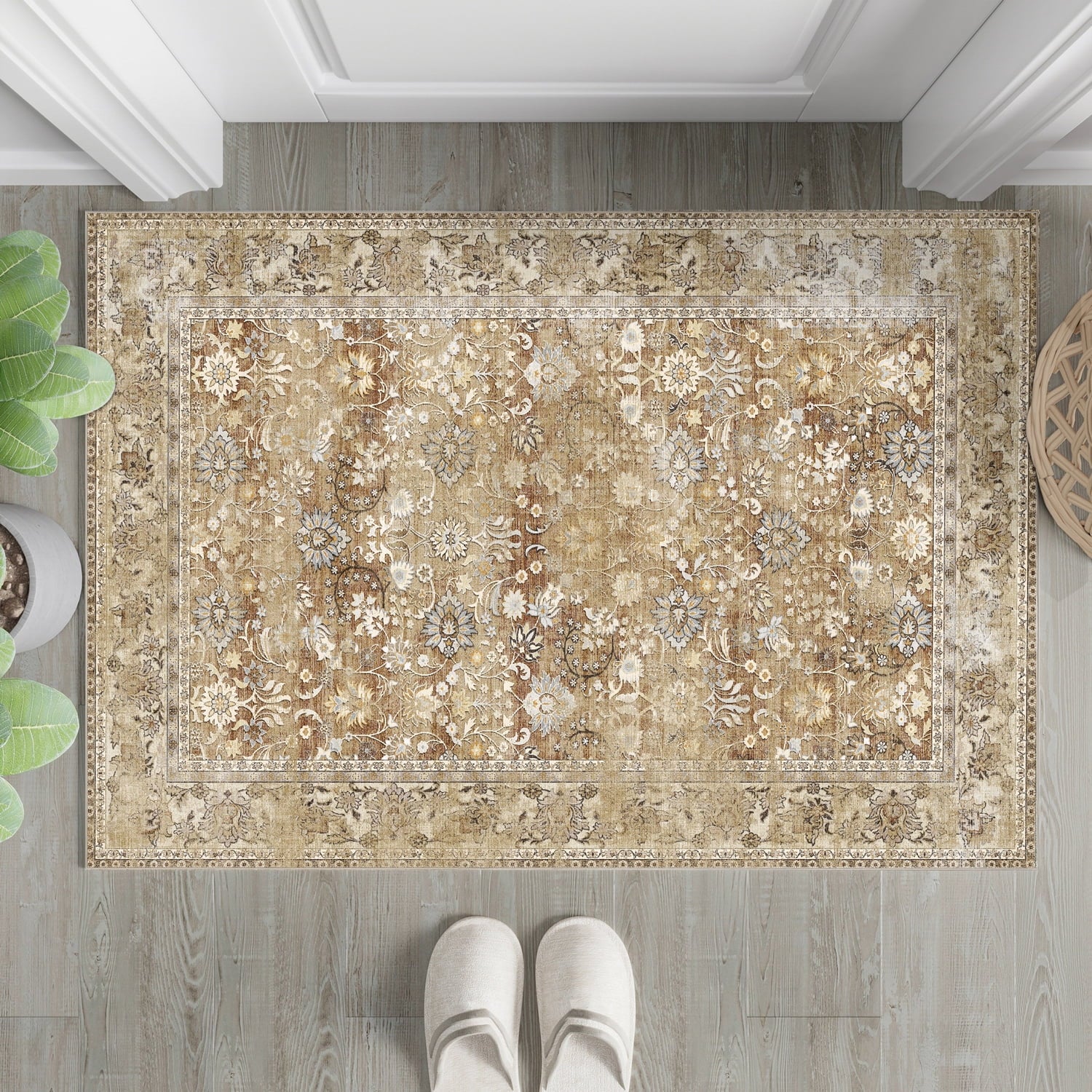 BERTHMEER 8'x10' Large Brown Area Rugs Vintage Oriental Traditional Rugs for Living Room Bedroom Dining Room Farmhouse Machine Washable Non-slip